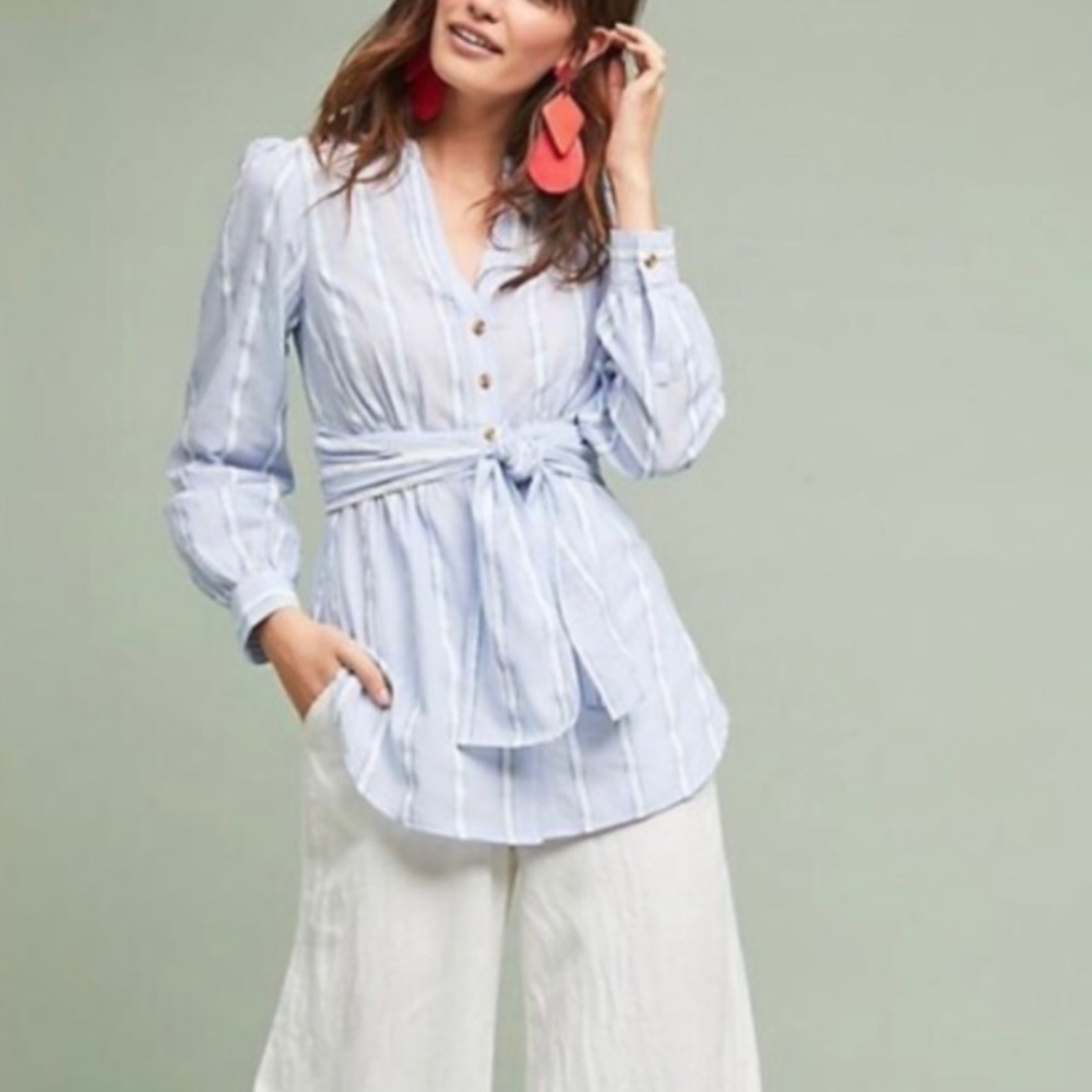 Anthropologie Building 18 Sz 10 Blue Stripe South Seas Button Up Tie Blouse Top